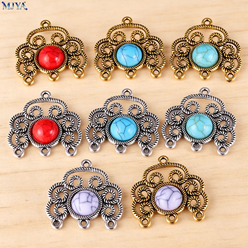 Vintage Jewelry Collection - MJYA ชุด 5 ชิ้น/ล็อต ตัวเชื่อมโลหะผสมวินเทจสีเทอร์ควอยซ์ ลายดอกไม้แบบโปร่ง