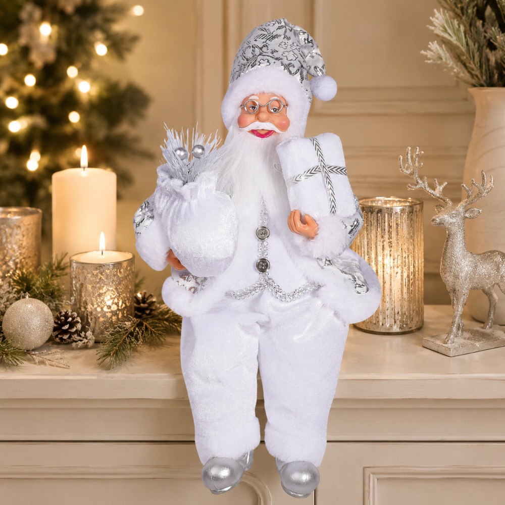 Vintage Collectible Santa - ของตกแต่งซานตาคลอสสีขาว 1 ชิ้นสำหรับคอลเลกชันวันหยุด - ชุดคลุมสีขาวพร้อมลายเส้นสีเงิน รูปปั้นซานตาคลอสที่นั่งถือของขวัญ