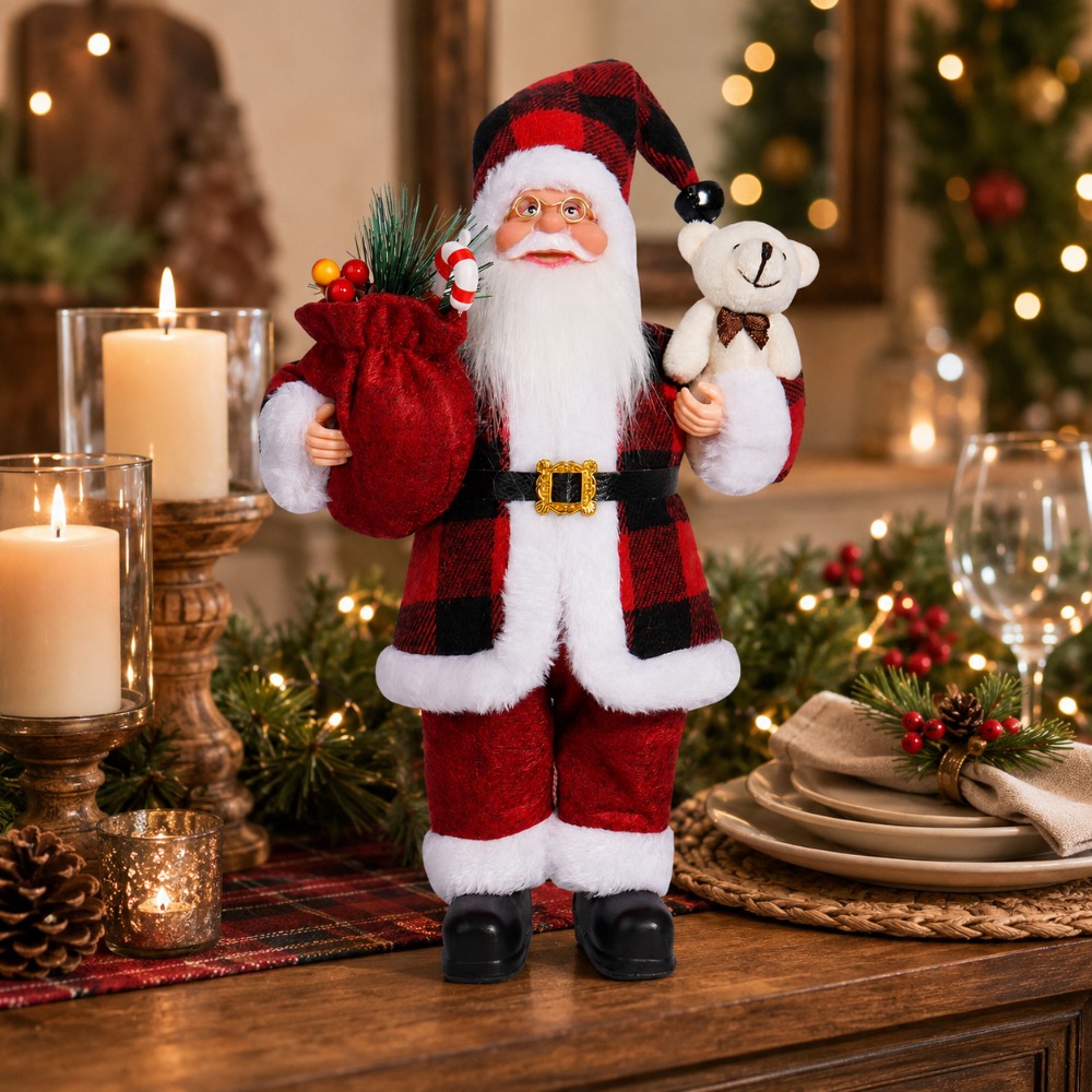 Vintage Collectible Santa - ตุ๊กตาซานตาคลอสลายตารางหมากรุกสีแดงและดำสำหรับสะสม ของตกแต่งคริสต์มาส หุ่นตั้งขนาด 32 ซม. กรอบทรงกลม,