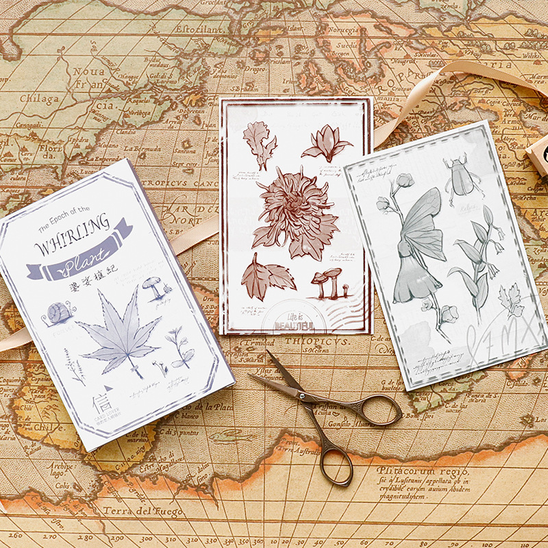 Collectible Vintage Greeting Cards - ชุดโปสการ์ดลายพืชหมุนวน 30 ชิ้น - การ์ดอวยพรลายภาพประกอบพืชสไตล์วินเทจ งานศิลปะกระดาษทำมือ