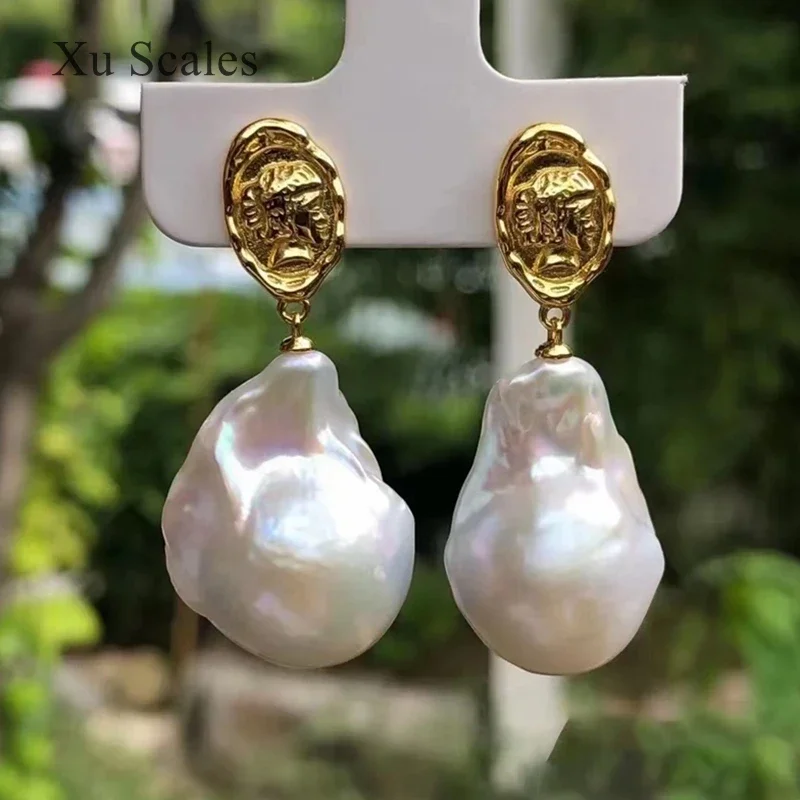 Vintage Collectible Coins - ธรรมชาติแสงรุ่งอรุณหลากสีสีขาว15-25Mm Baroque Pearl ต่างหู Retro Court