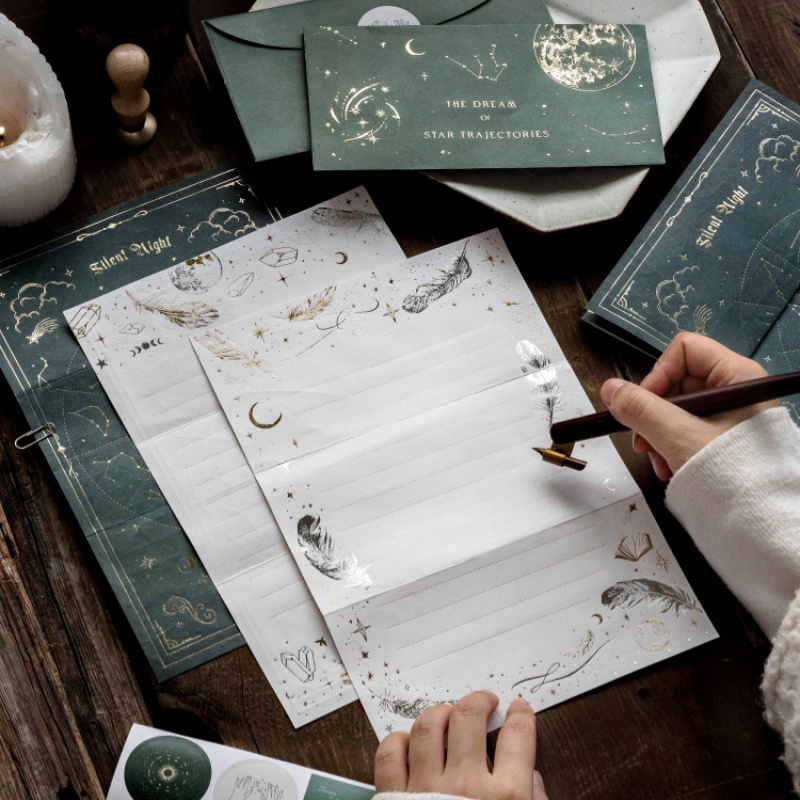 Collectible Vintage Greeting Cards - ชุดคอลเลกชันบทกวีดวงดาวและดวงจันทร์ วัสดุลายพิมพ์นูนสไตล์วินเทจ พร้อมซองจดหมาย การ์ดอวยพรเขียนด้วยลายมือ คำอวยพรแสนโรแมนติก