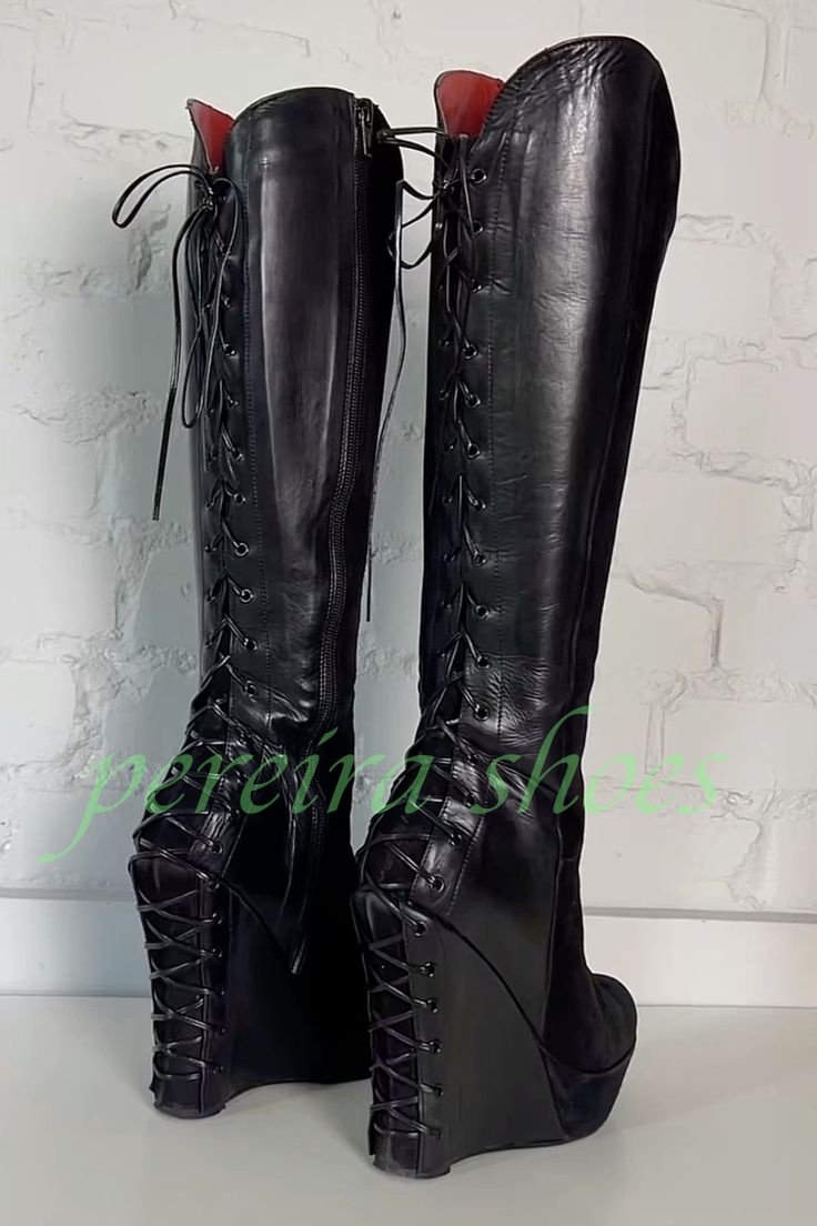 รองเท้าบูทส้นตึกแบบเวดจ์สีดำสไ - Vintage Zipper บทวิจารณ์และราคา